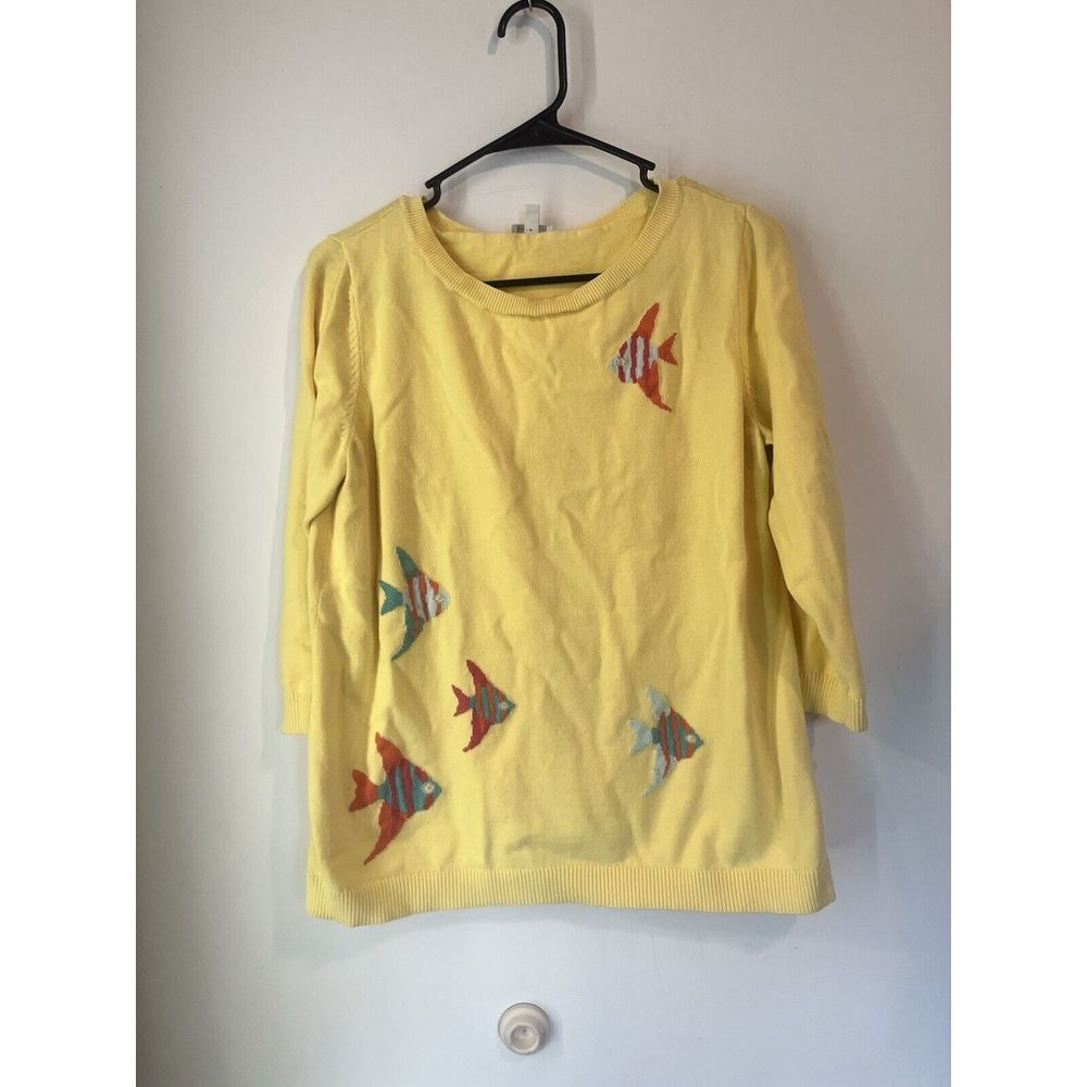 Talbots Women Yellow Embroidered Angel Fish Sweater Medium3/4 Sleeve 100% Cotton